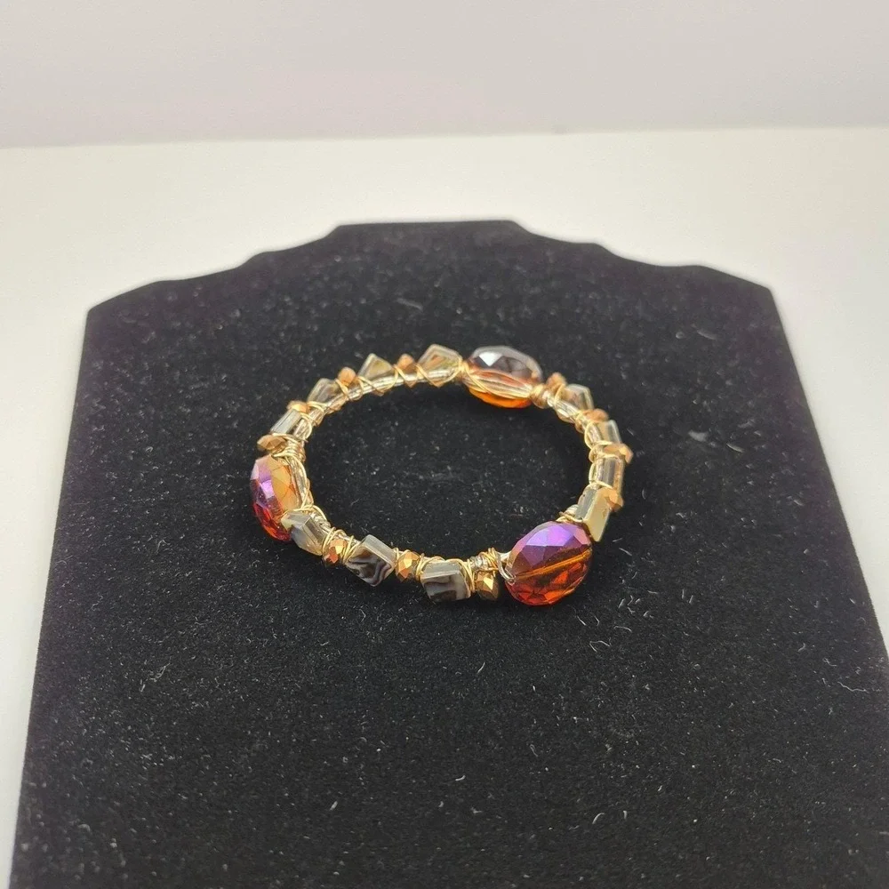 Beaded Wire Bangle Bracelet Abalone Crystal Accent Copper Tone 7.5